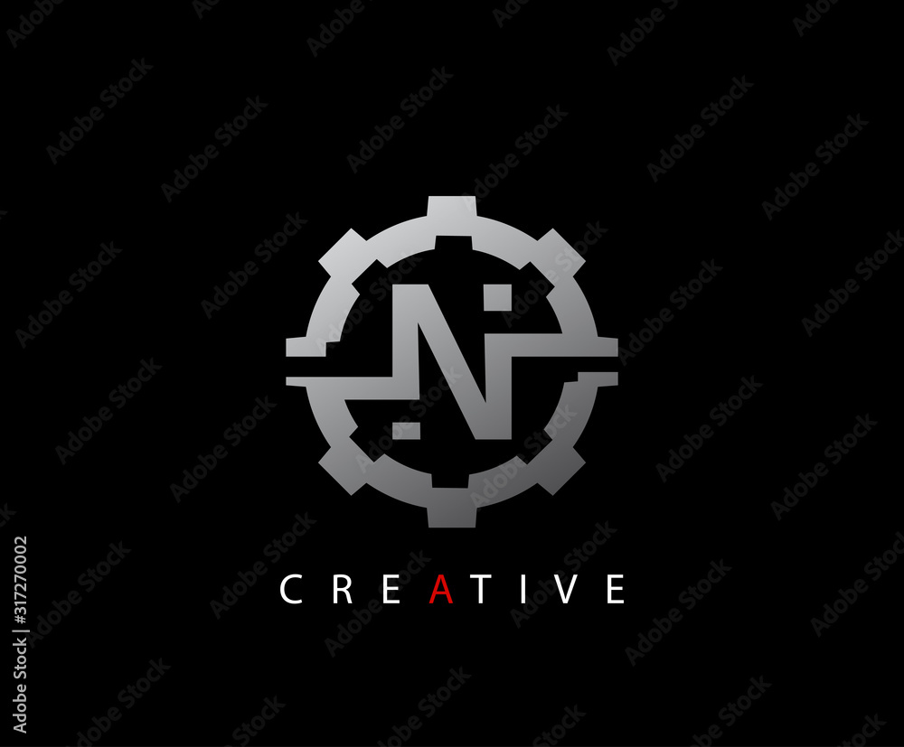 Abstract Gear Initial Letter N Technology logo icon vector design concept.