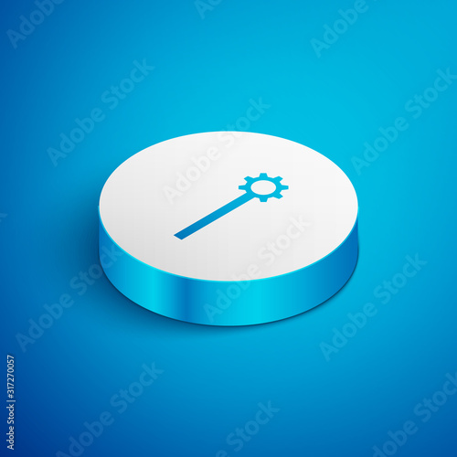 Isometric line Medieval chained mace ball icon isolated on blue background. Medieval weapon. White circle button. Vector Illustration