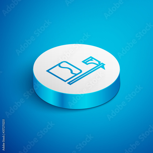 Isometric line Executioner axe in tree block icon isolated on blue background. Hangman, torturer, executor, tormentor, butcher, headsman. White circle button. Vector Illustration