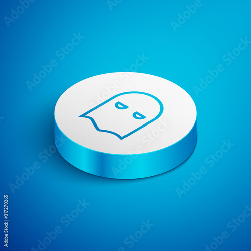 Isometric line Executioner mask icon isolated on blue background. Hangman, torturer, executor, tormentor, butcher, headsman icon. White circle button. Vector Illustration
