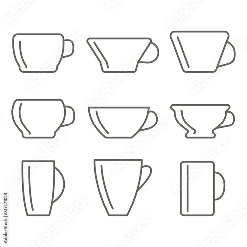 Cups linear icons. Set of differently shaped cups. Dishes for tea and coffee. Vector.