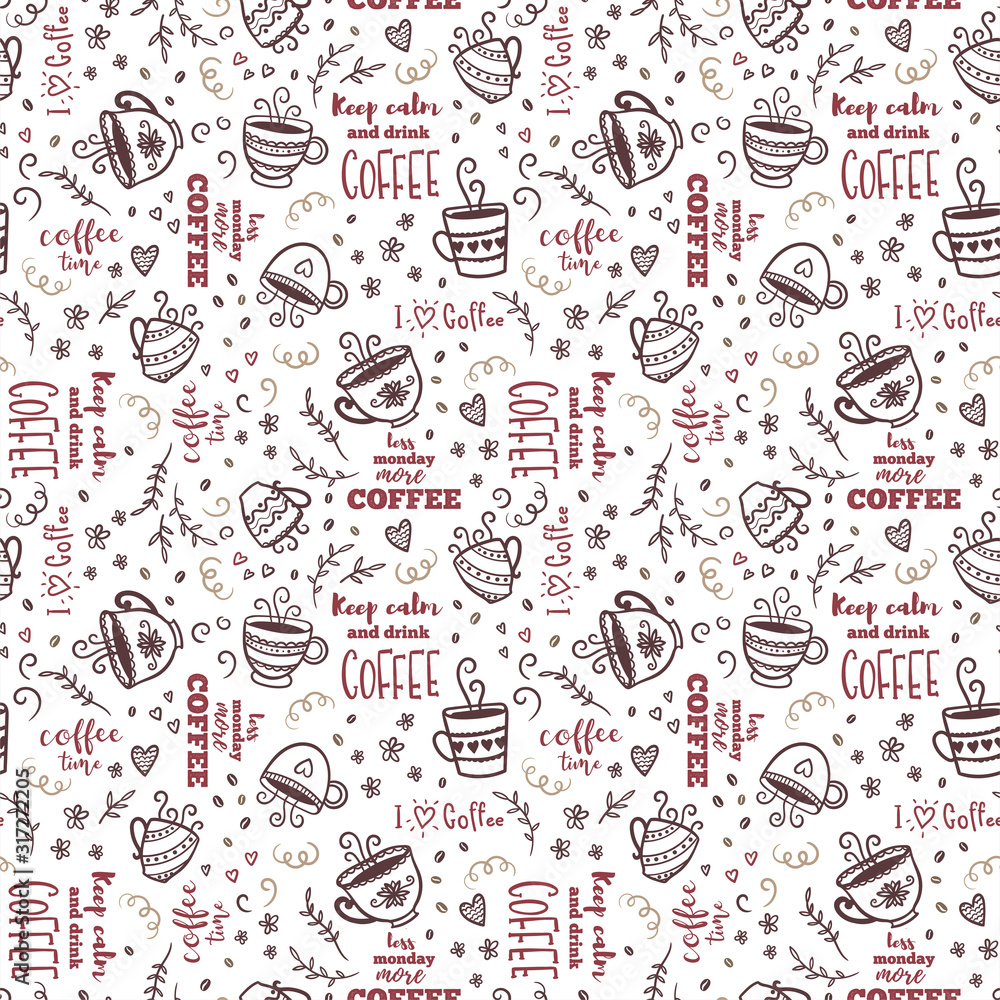 Cute hand drawn coffee cups seamless pattern, doodle background, great for textiles, banners, wallpapers, wrapping - vector design