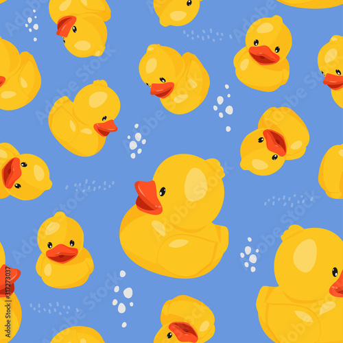 Yellow rubber duck seamless pattern. Fun kids background.