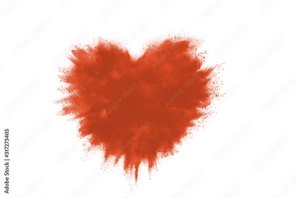 Red heart made of colorful splashes on white background.