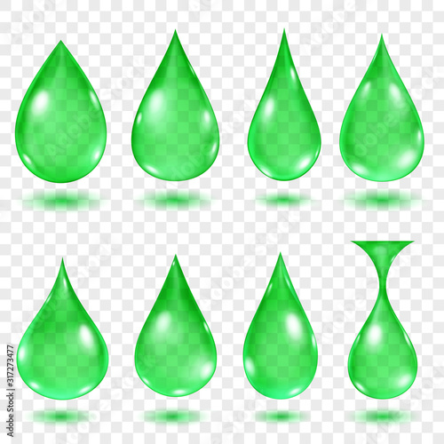 Set of translucent water drops in green colors in various shapes, isolated on transparent background. Transparency only in vector format