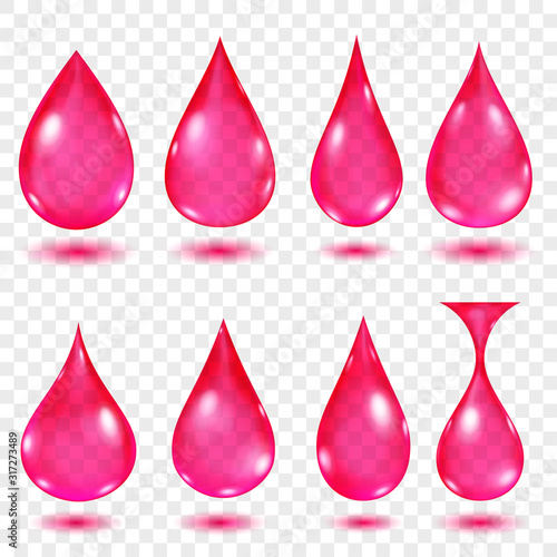 Set of translucent water drops in crimson colors in various shapes  isolated on transparent background. Transparency only in vector format