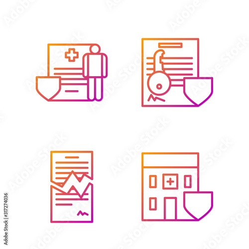 Set line Medical hospital building with shield, Torn contract, Medical clipboard with clinical record and Document with key with shield. Gradient color icons. Vector