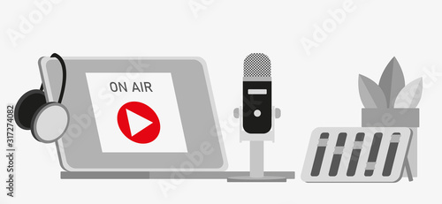 Flat vector illustration for podcasting, broadcasting, straeming or online radio. Equipment for entertaiment, recording the podcasts and streaming games and etc.
