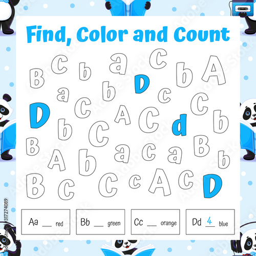 Find, Color and Count Alphabet Letters Math Game. Number Tracing Educational Worksheet. Coloring Book Page. Writing Skills Exercise. Vector Illustration.