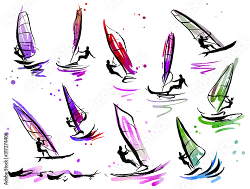 Windsurfing Illustrations Set