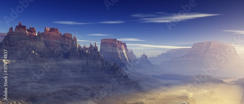 Canyon in the rays of the setting sun, panorama of the beautiful canyon, canyon at sunrise, 3D rendering