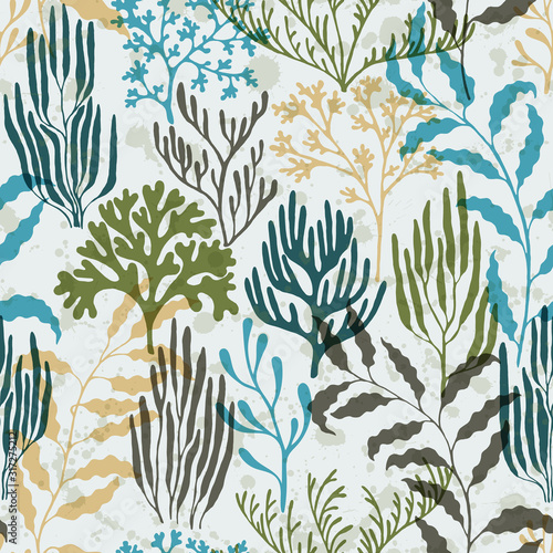 Ocean corals seamless pattern., Tropical coral reef bush silhouette elements.