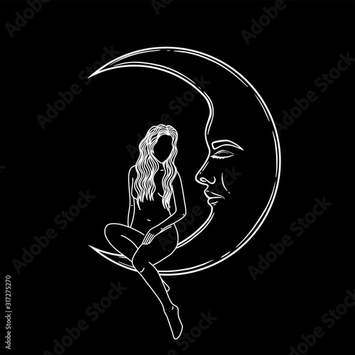 Naked woman sitting on the moon in trendy linear minimal style.