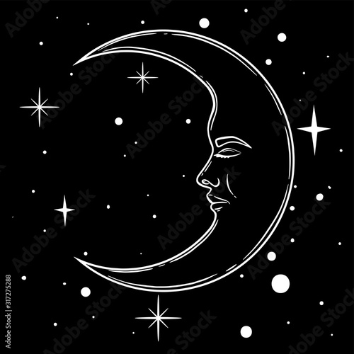 Crescent moon with face in hand drawn line art and dotwork. Boho chic tattoo, poster, altar veil, tapestry or fabric print design vector illustration