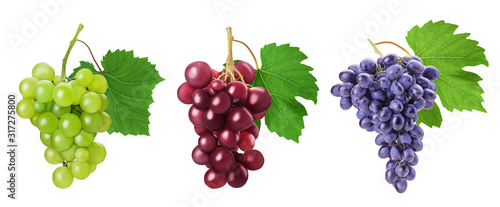 Three bunch ripe red, blue, green grape with leaf