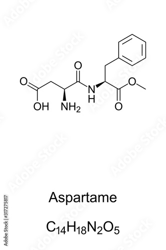 Aspartame molecule, skeletal formula. Structure of C14H18N2O5. Artificial sugar substitute, 200 times sweeter than sucrose. Methyl ester of the aspartic acid. Structural formula. Illustration. Vector.