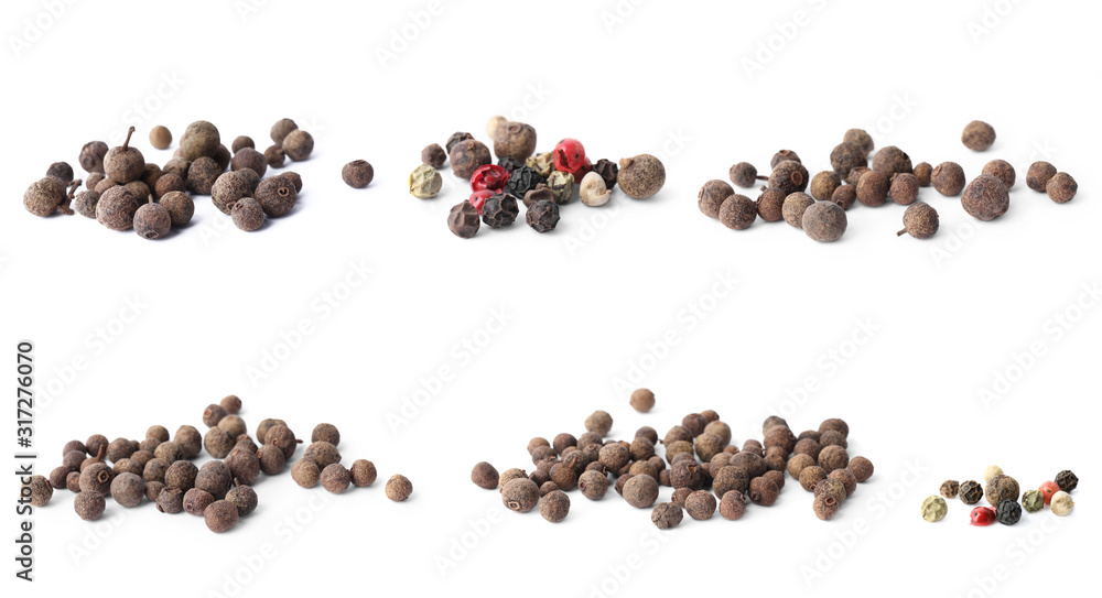 Set of different peppercorns on white background Set of different peppercorns on white background