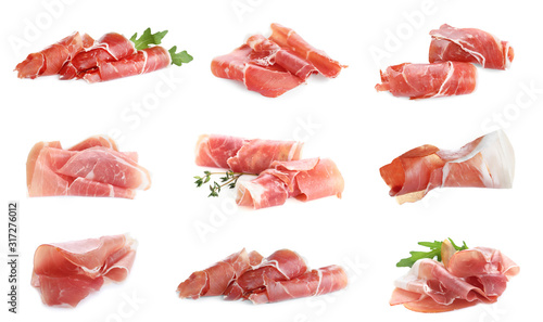 Φωτογραφία Set of delicious sliced jamon on white background