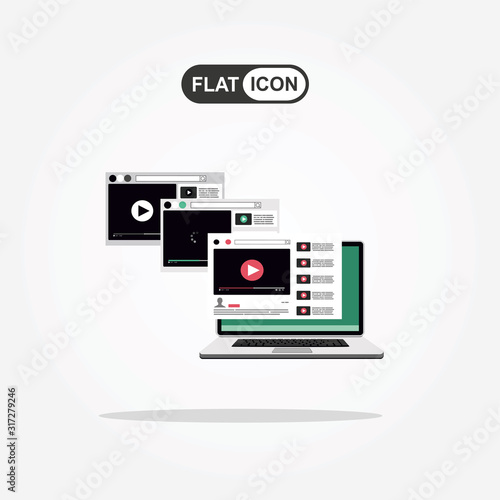 View video clips in the browser windows. Flat design style.