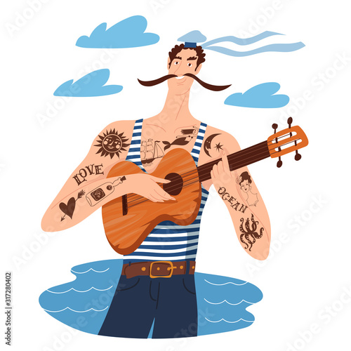 Musical art with cartoon sailor character playing guitar