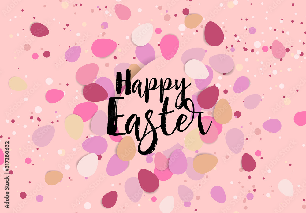 Vector illustration Happy Easter composition. Easter eggs, confetti on pink background. Flat lay, top view