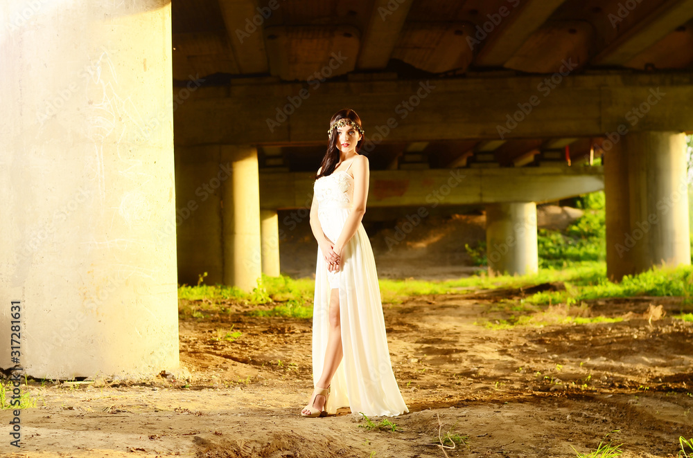 Young Beautiful Cute Girl Fashionable Dress Forest Outdoors Fashion Concept Young Beautiful Cute Girl Fashionable Dress Forest Outdoors Fashion Concept
