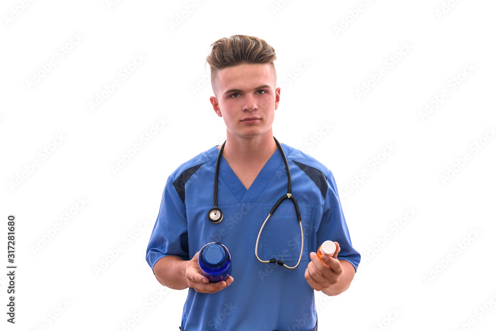 Doctor holding bottle with pills isolated on white background Doctor holding bottle with pills isolated on white background