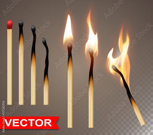 Realistic wooden burning, new, charred and extinct matches with flame. Isolated on gray background. Vector icon set.