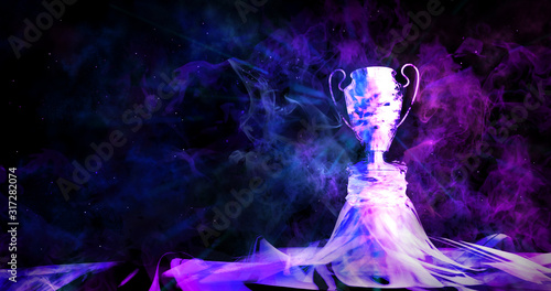 Cyberpunk trophy with smoke on dark blue futuristic background for e-sport winner concept,illustration picture,