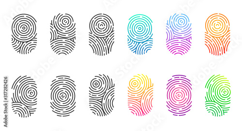 Vector set of black and color fingerprints isolated on white background. Thumb finger print or personal id, unique biometric identity for police or security