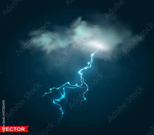 Realistic rain cloud thunder storm blue lightning. Magic and bright lighting effects. On dark blue background. Layered vector.