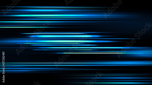 Glowing blurred light blue stripes in motion over on background. Horizontal rays of light.. Abstract digital background with lines elements. Stock illustration.
