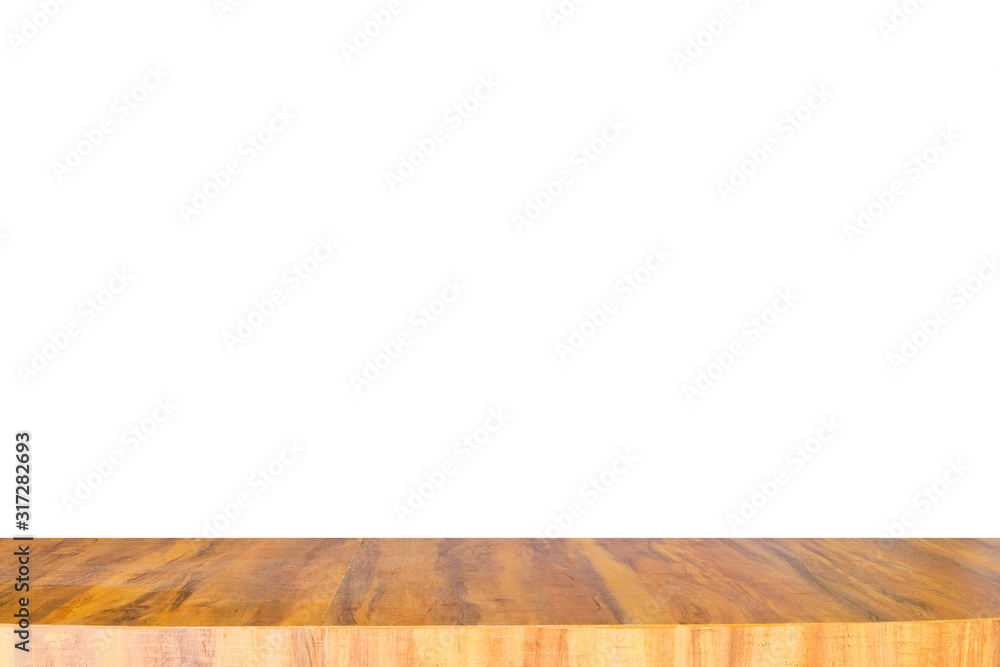 Empty long modern wooden counter on top for placing items and anything, isolated on white background, copy and space Empty long modern wooden counter on top for placing items and anything, isolated on white background, copy and space