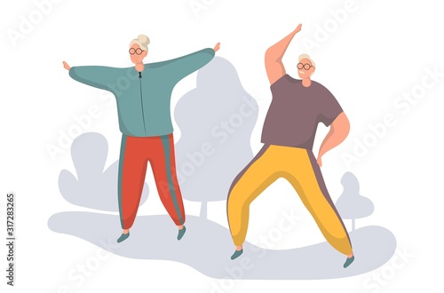 Senior people and gymnastics. Elderly couple. Grandparents doing exercises. Sport. Morning exercises. Flat vector illustration