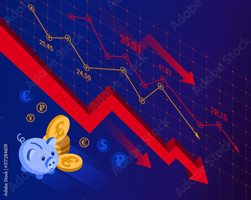 Stock market crash concept. Abstract isometric finance background. Vector illustration