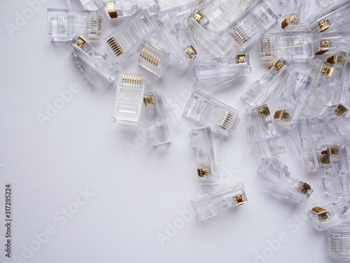 Closeup of the ethernet RJ45 installing connectors on a white background