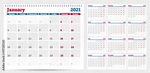 Calendar planner template 2021. Week start from Monday. Set of 12 Months. Ready for print. Vector Illustration