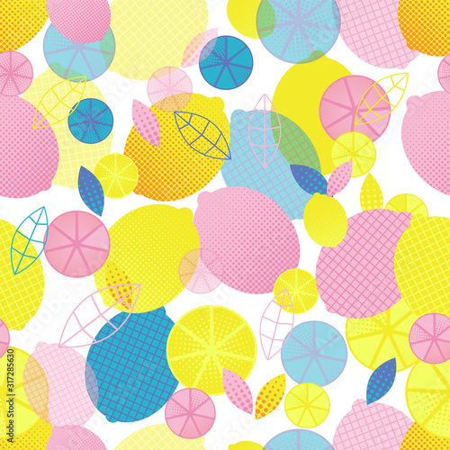 Pop-art style seamless pattern of citrus fruits in pink, orange, blue and yellow, leaves, slices. Vector with swatch.