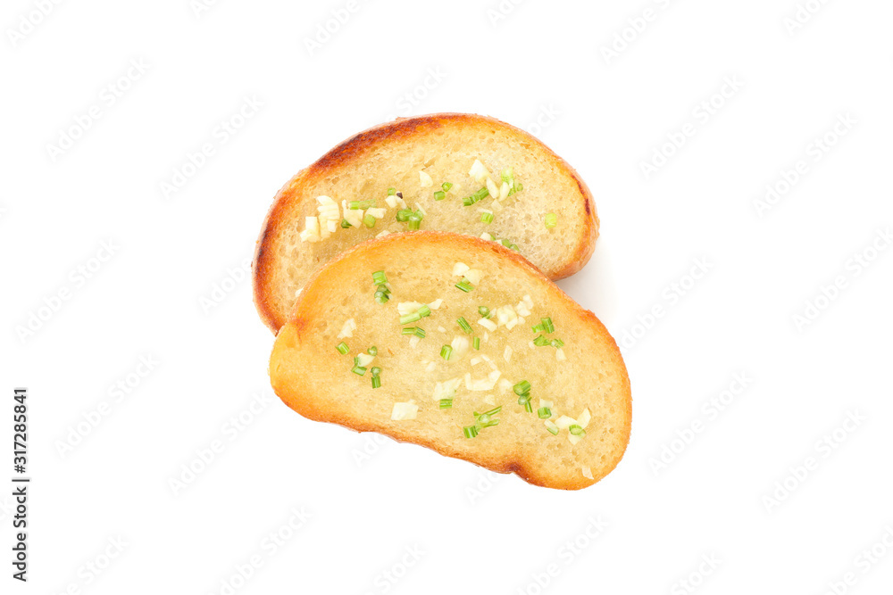 Toasted bread slices with garlic isolated on white background Toasted bread slices with garlic isolated on white background