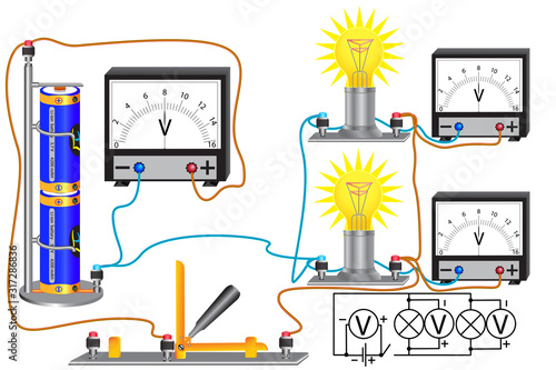 An electric circuit consisting of parallel-connected light bulbs, an electric current source, conductors, a switch, a voltmeter photo