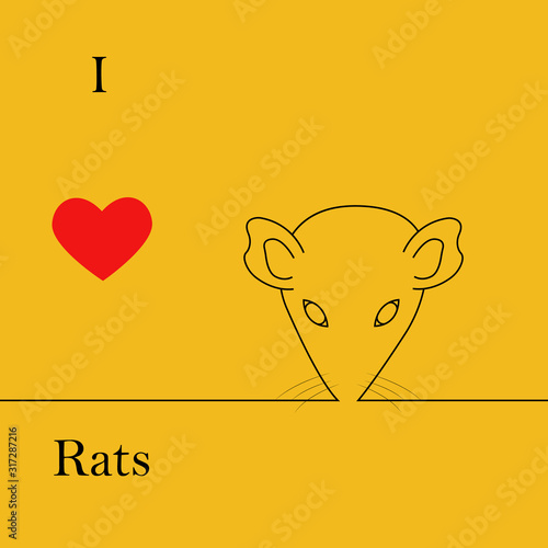 I love rats. heart black rat head. face contour vector image