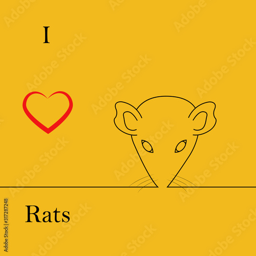 I love rats. heart black rat head. face contour vector image