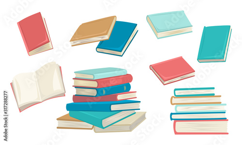 Set of books, different colors, an open book, a stack of books. Notebooks and notebooks. Vector illustration