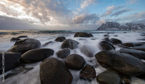 Lofoten islands traditional landscape of Norwegian nature.