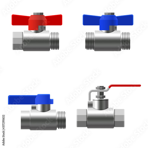 Set valves ball, fittings, pipes of metal piping system. Different types valves water, oil, gas pipeline, pipes sewage