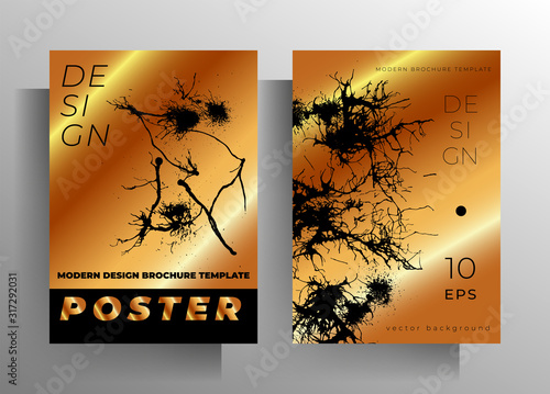 Set of cover design templates. Manually drawn ink blots on a gold background. Vector 10 EPS.