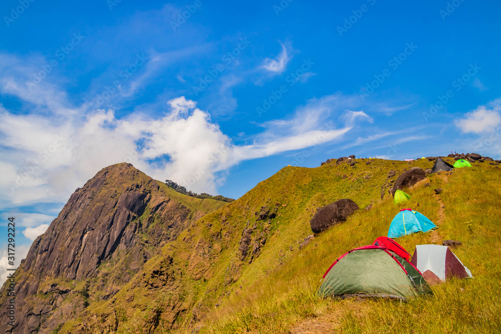 Tent of tourists on the top of mount mulayit