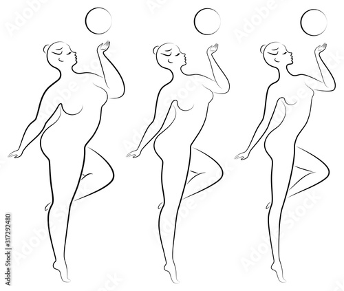 Collection. Silhouette of a cute lady, she is engaged in rhythmic gymnastics with a ball. The woman is overweight and a slender girl athlete. Vector illustration set