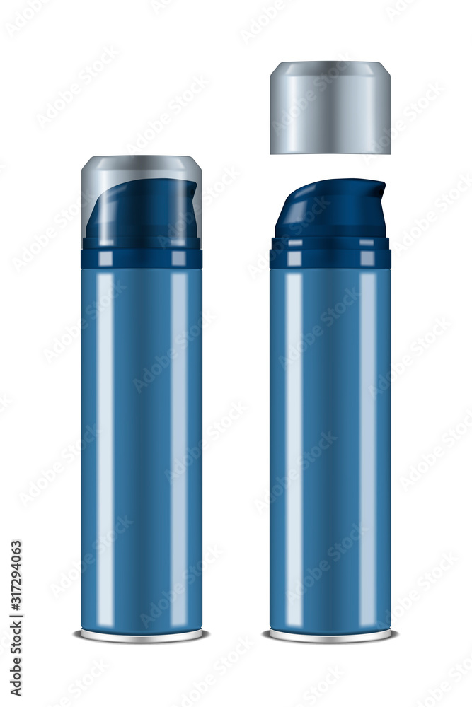 Spray or pump dispenser bottle with transparent lid - closed and open, vector mockup. Deodorant or shaving foam packaging, realistic mock-up. Easy to recolor Spray or pump dispenser bottle with transparent lid - closed and open, vector mockup. Deodorant or shaving foam packaging, realistic mock-up. Easy to recolor