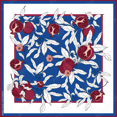 Silk scarf with pomegranate branch with fruits and flowers.